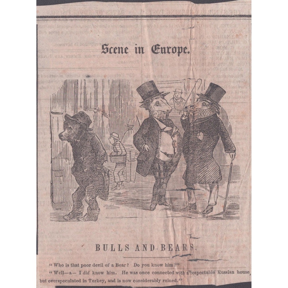 Antique 1850 Saturday Evening Post Clipping Bulls and Bears Political Cartoon